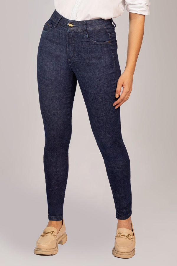 Calça Jeans Escura Feminina Skinny Cintura No Lugar