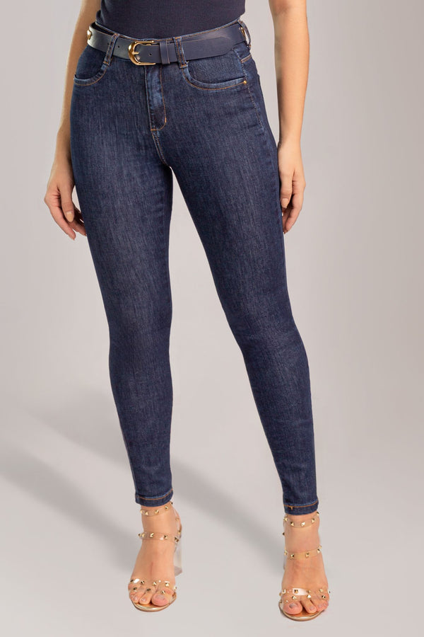 Calça Skinny Jeans Feminina Com Cinto Azul Indigo Couro Sintético