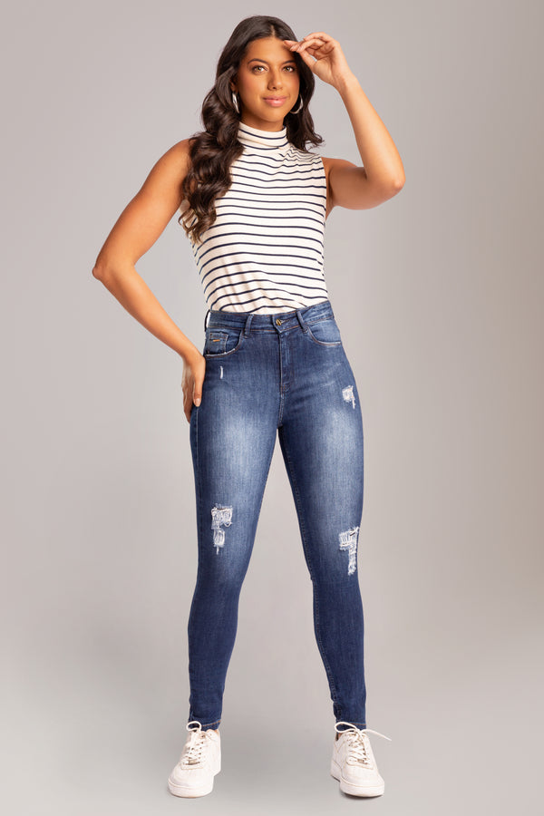 Calça Jeans Skinny Feminina Com Puídos