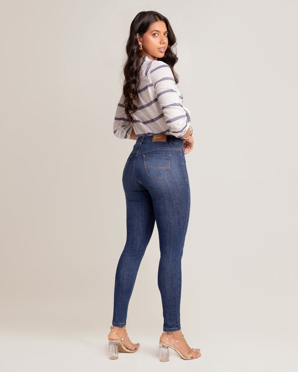 Calça Jeans Feminina Cintura No Lugar Skinny Azul Médio