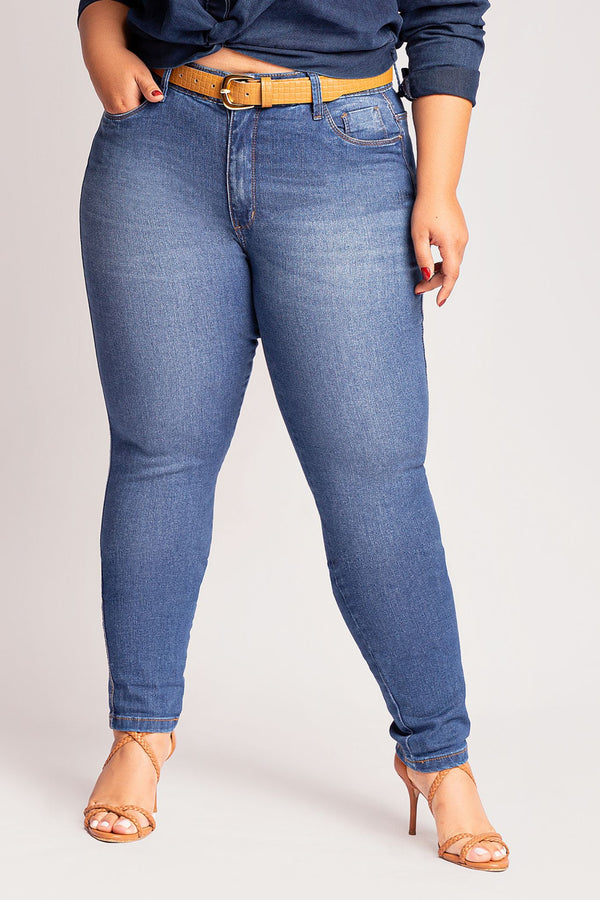 Calça Plus Size Skinny Chapa Barriga Jeans Claro Com Cinto