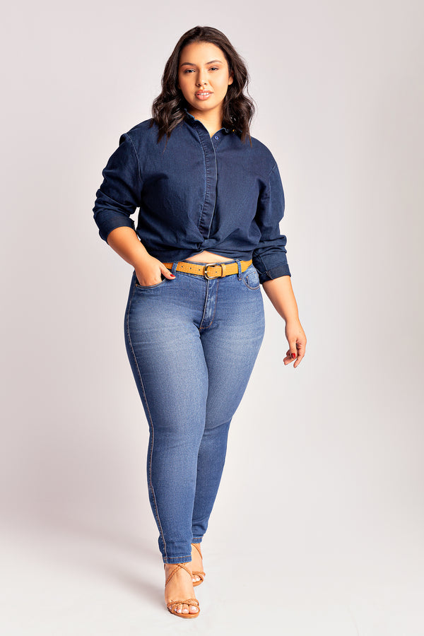 Calça Plus Size Skinny Chapa Barriga Jeans Claro Com Cinto