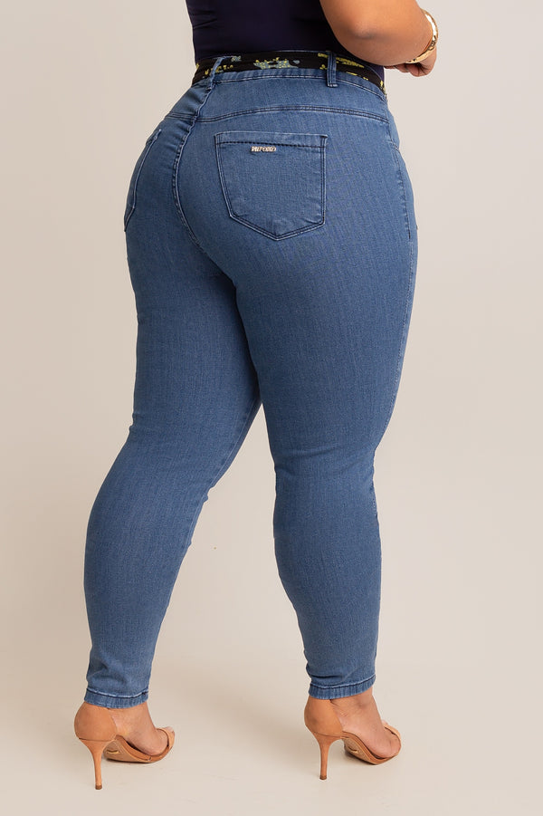 Calça Jeans Plus Size Skinny Chapa Barriga Com Cinto de Lenço